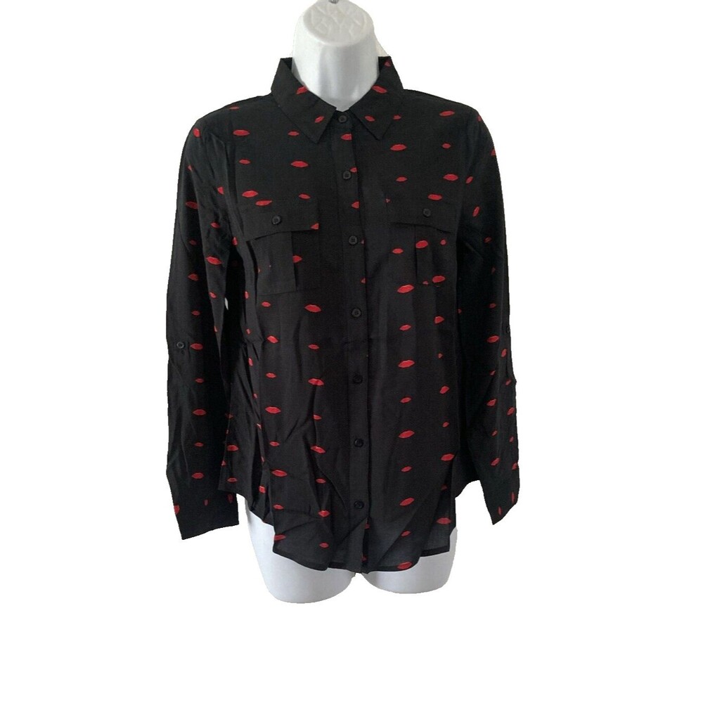 A.N.A. A New Approach Blouse PS Black Lip Service Button Up Roll Tab Shirt NWT
